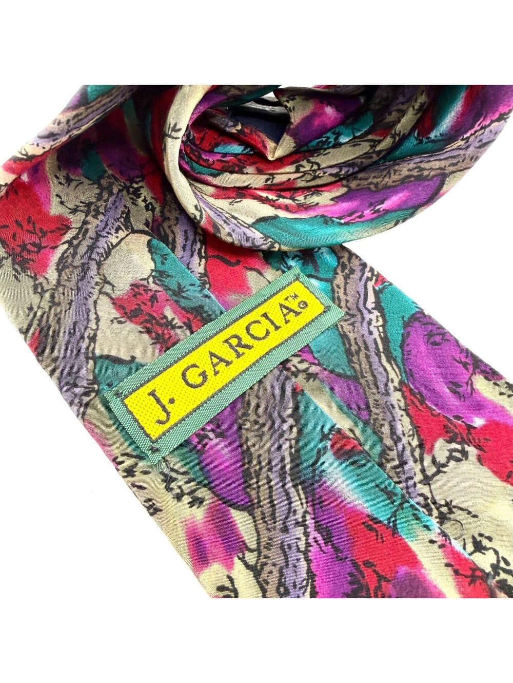 Vintage 90s Teal Purple Silk Watercolor Tree Print Tie - Picture 4 of 7